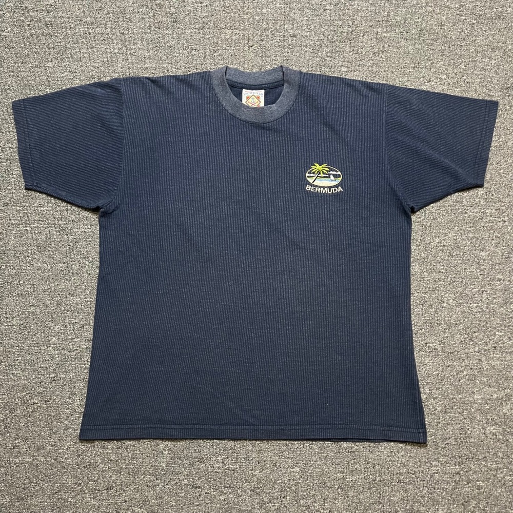 Yacht Club Bermuda Blue Ribbed T Shirt Mens‎ Large Palm Tree Graphic Tee